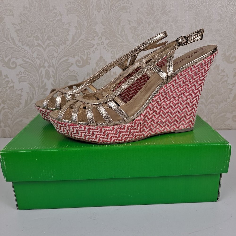 Lilly Pulitzer Size 9.5M Sophie Strappy Wedge Heel Gold Metallic In Original Box
